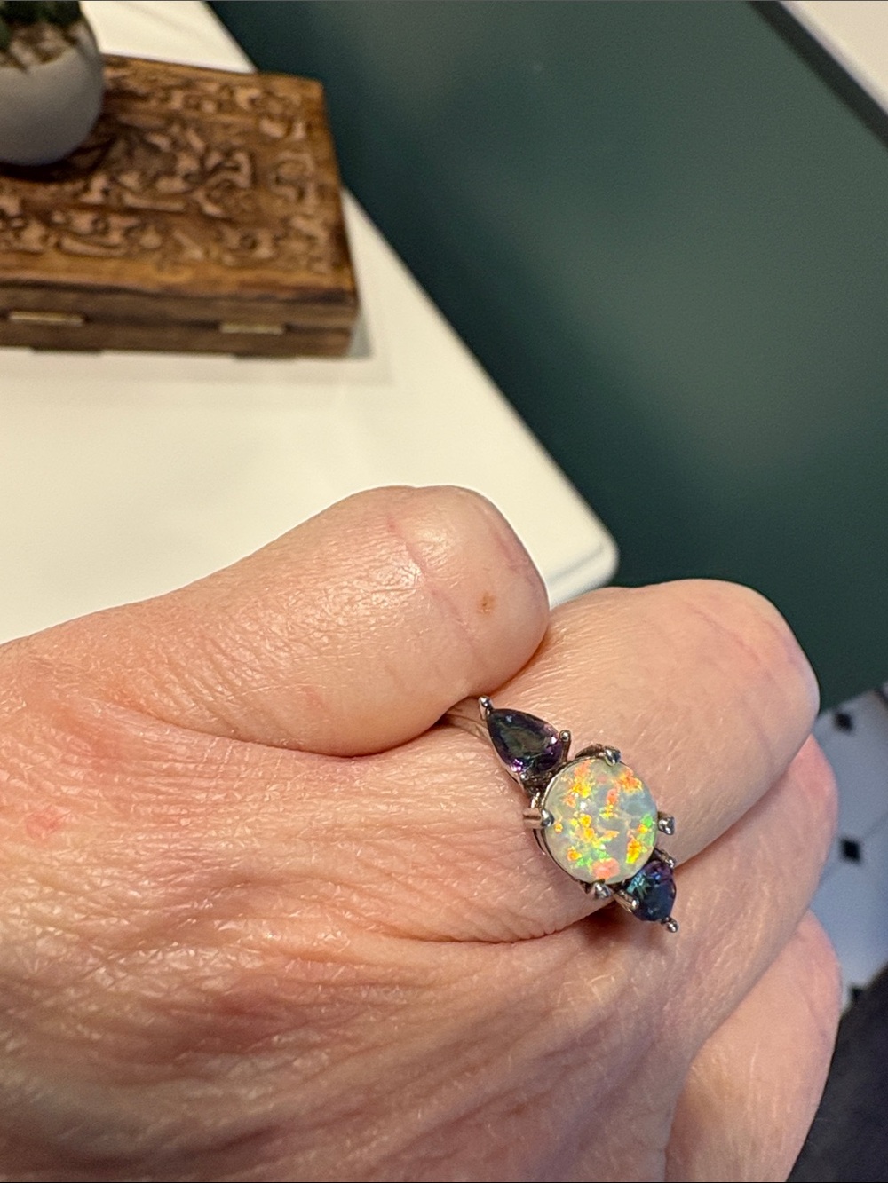 Vintage Opal Accent Sterling-Color Ring - Iridescent White